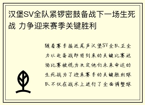 汉堡SV全队紧锣密鼓备战下一场生死战 力争迎来赛季关键胜利