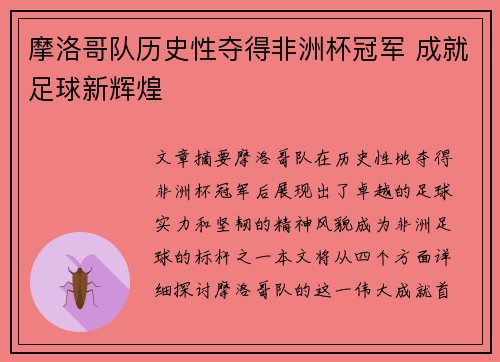 摩洛哥队历史性夺得非洲杯冠军 成就足球新辉煌