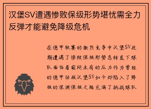 汉堡SV遭遇惨败保级形势堪忧需全力反弹才能避免降级危机