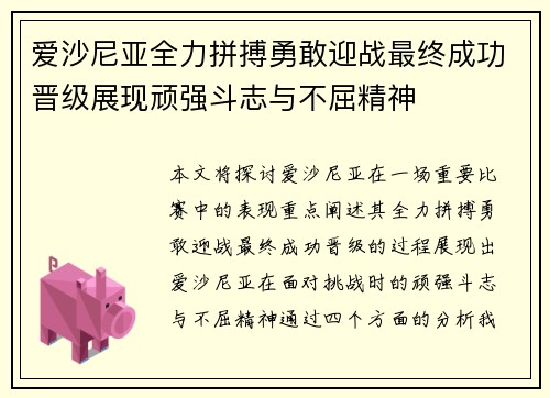 爱沙尼亚全力拼搏勇敢迎战最终成功晋级展现顽强斗志与不屈精神