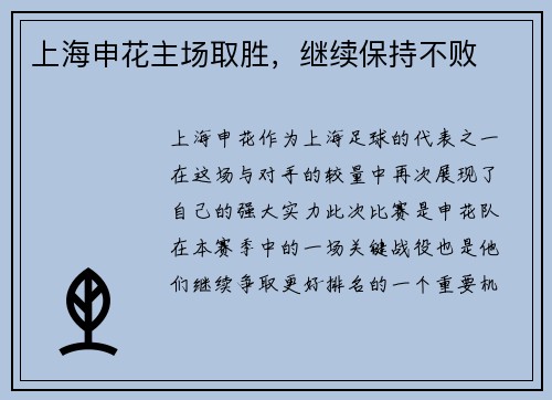 上海申花主场取胜，继续保持不败