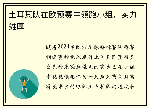 土耳其队在欧预赛中领跑小组，实力雄厚
