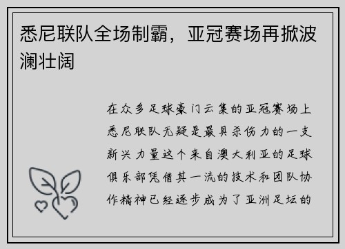 悉尼联队全场制霸，亚冠赛场再掀波澜壮阔