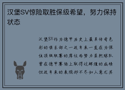 汉堡SV惊险取胜保级希望，努力保持状态