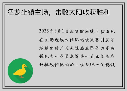 猛龙坐镇主场，击败太阳收获胜利