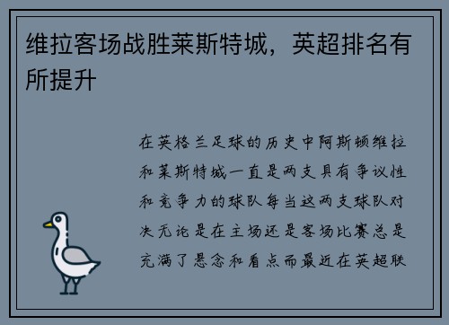 维拉客场战胜莱斯特城，英超排名有所提升