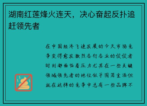 湖南红莲烽火连天，决心奋起反扑追赶领先者
