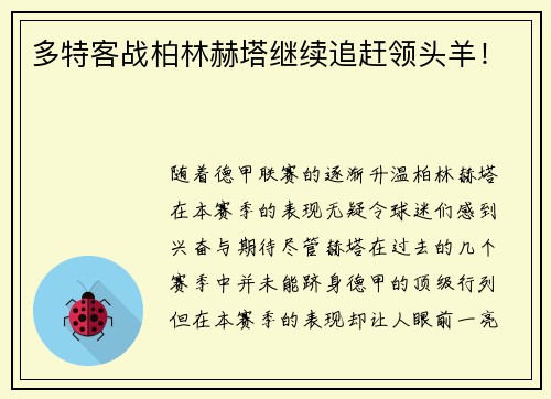 多特客战柏林赫塔继续追赶领头羊！