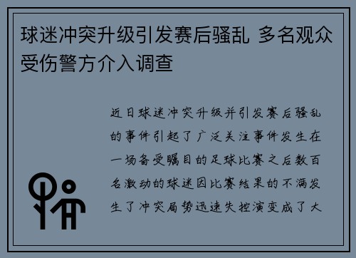 球迷冲突升级引发赛后骚乱 多名观众受伤警方介入调查